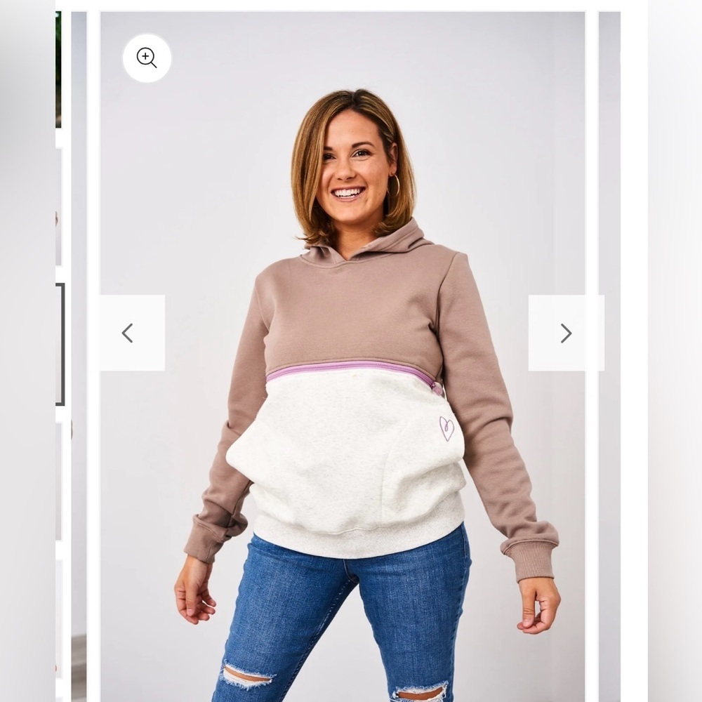 Latched Mama Two-Tone Taupe and Cream Hoodie Sweatshirt with Pink Trim